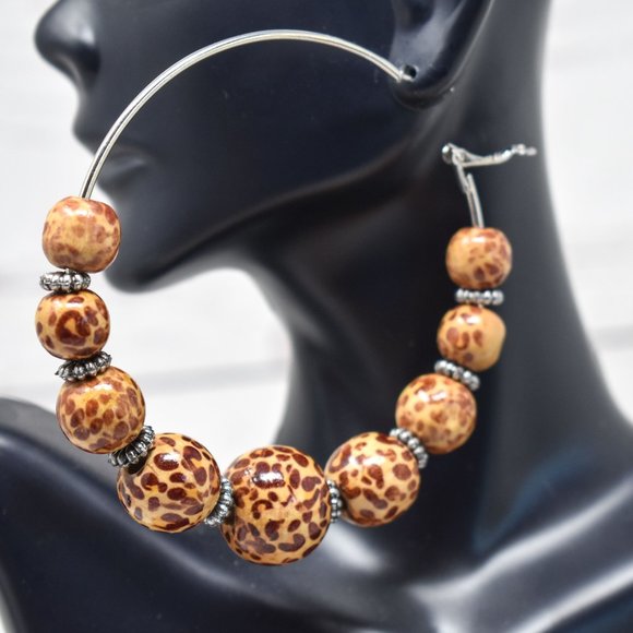 Oversized Wood Leopard Print Bead Hoop Earrings - Picture 3 of 11